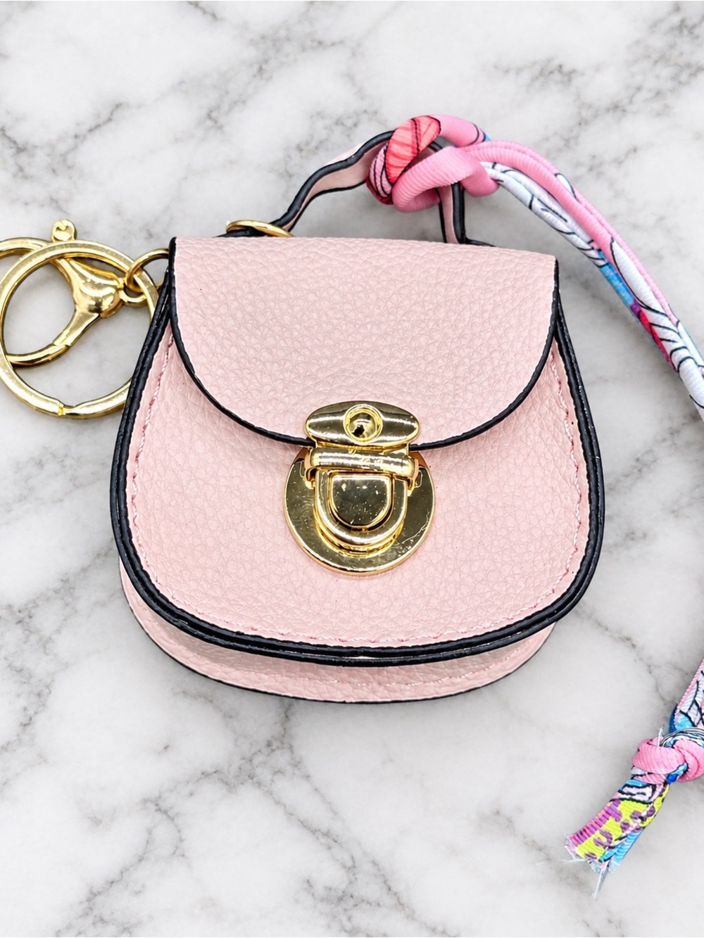 Pink Mini Saddle Bag Charm Pouch Keychain with Silk Scarf Accent